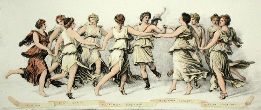 Dance of the Muses, long hand coloured print