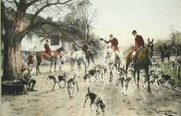 fox hunting, hand coloured print