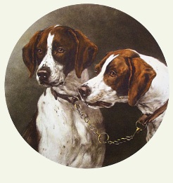 hand colored print of hounds
