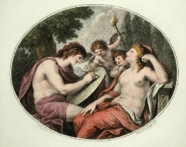 Cupids, hand coloured print