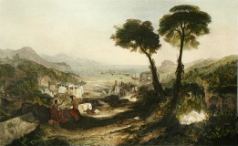 Apollo and the Sibyl, hand coloured print after turner